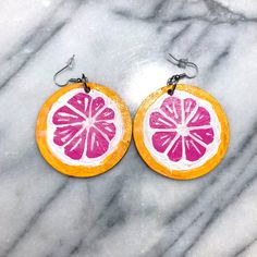 Hand Painted Grapefruit Earrings Wooden Earrings Made By Me Vibrant Orange Summer Earrings, Summer Pink Earrings With Fruit Design, Summer Pink Fruit Design Earrings, Orange Round Earrings For Summer, Yellow Fruit Design Earrings Gift, Yellow Fruit Design Earrings As Gift, Yellow Fruit Design Earrings For Gift, Earring Painting, Jewelry Making Business