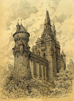 an ink drawing of a castle with towers