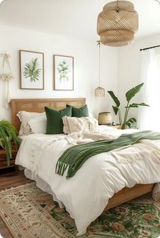 Sage Green Room With White Furniture, Natural Bohemian Bedroom, Plants In The Bedroom Decor, Tan Black And Green Bedroom, Bedroom Wall Decor Plants, Bedroom Inspirations Hardwood Floor, Neutral Boho Bedroom Ideas, Minimalist Bedroom With Green, Beige And Green Bedroom Aesthetic