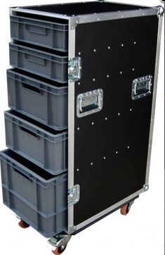 three plastic storage bins are on wheels