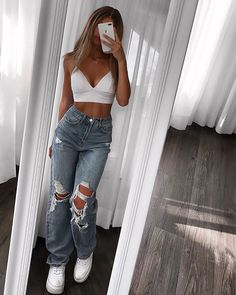 Summer Fits With Jeans, Cute Summer Clothes Aesthetic, Outfit Ideas Big Size, Cute Outfits Teens, Cute Outfits Summer For Teens, Summer Teen Outfits, Cute Simple Outfits For Summer, Summer Outfits Teen, Ripped Jeans Outfit Summer