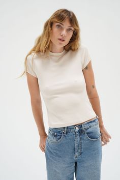 LNA Fitted Rib Crew Tee in Bone Relaxed Fit Ribbed Top, Casual Second-skin Short Sleeve Top, Everyday Relaxed Fit Ribbed Tops, Everyday Ribbed Relaxed Fit Tops, Everyday Ribbed Tops With Relaxed Fit, Relaxed Stretch Cotton Tops, Classic Fitted Tops For Loungewear, Classic Spring Tops With Minimal Stretch, Relaxed Ribbed Top