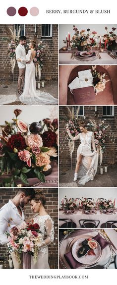 a collage of wedding photos with flowers and greenery in shades of red, pink, purple, yellow