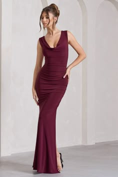 Lolita Burgundy Ruched Cowl-Neck Sleeveless Maxi Dress – Club L London - USA Bergundy Dress, Dark Red Maxi Dress, Burgundy Long Dress, Registry Wedding, Figure Sculpting, Winter Ball, Midi Bridesmaid Dress, Burgundy Maxi Dress, Money Fashion