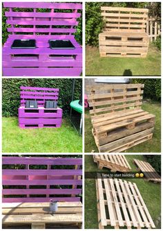 several different types of pallet furniture made out of wooden pallets and painted purple