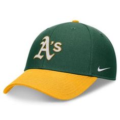 Top off any fan look with this Oakland Athletics Evergreen hat. Crafted by Nike, it features bold graphics across the front and a flex design for all-day comfort. The Dri-FIT fabric wicks away moisture, perfect for when the on-field Oakland Athletics action heats up. Officially licensed Adjustable hook and loop fastener strap Brand: Nike Curved bill One size fits most Imported Material: 100% Polyester Wipe clean with a damp cloth Embroidered graphics with raised details Six panels with eyelets S Green Sporty Trucker Hat With Curved Brim, Sporty Green Trucker Hat With Curved Brim, Sporty Green Cap, Nike Baseball Cap, One Size Fits Most, Nike Sports Hats With Embroidered Logo, Nike Hat With Embroidered Logo And Curved Brim, Green Sporty Snapback Cap, Green Curved Visor Trucker Hat For Baseball Season, Green Baseball Cap With Curved Visor