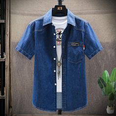 Casusl Short Sleeve Denim Button Down Shirt Features：  Product ID:SS0064 Material:Cotton Season:Summer Color:Dark Blue  Size Chat Denim Shirt With Jeans, Cowboy Shirt, Denim Shirt Men, Jeans Shirt, Cowboys Shirt, Cotton Jeans, Blazer With Jeans, Denim Button Down, Denim Cotton