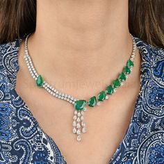 Zambian Emerald H/SI Pear Diamond 18k White Gold Anniversary Gift 30.83 Tcw Emerald Diamond Necklace, Wedding Necklaces, Gold Armband, Necklaces Gold, Harry Winston, Zambian Emerald, Emerald Necklace, White Solid, Wedding Jewellery Necklace