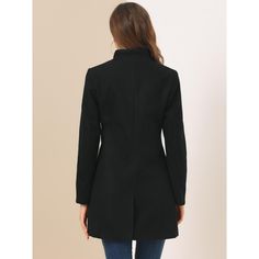 This long overcoat featuring a stand collar and single-breasted design adds a feminine and elegant feel to your winter look. The coat is spun from soft fabric and fully lined, which is comfortable for all-day wear with big slant pockets. A unique stand collar makes this regular outerwear more beautiful. It's a good choice for winter and cold fall. No matter what look you slip it over, this winter coat adds a layer of warmth and finishes the refined, warm, and effortless day-to-night look. Fitted Outerwear With Stand Collar In Solid Color, Elegant Plain Outerwear For Fall, Stand Collar Outerwear For Office, Elegant Fitted Plain Outerwear, Fitted Plain Outerwear For Winter, Fitted Plain Winter Outerwear, Wool Coat With Button Closure And Stand Collar, Solid Wool Coat With Stand Collar And Button Closure, Chic Solid Wool Coat With Stand Collar