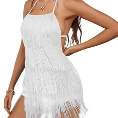 Women's Sexy Fringe Halter Waist Tie Back Sleeveless Romper Jumpsuit Playsuits Size L .New Without Tag. Fabric Type95% Polyester, 5% Spandex Care Instructionshand Wash Or Machine Wash. Do Not Bleach. Originimported Closure Typepull On About This Item Sexy Fringe Rompers For Women, Halter, Spaghetti Strap, Backless, Tassel Hem, Strappy High Waist Short Jumpsuit Are Soft And Comfortable Fabric. Above Knee Length. The Fringe Backless Sleeveless Jumpsuit Perfect To Show Your Bodyline, Must Make You White Mini Dress For Club And Beach Season, White Sleeveless Club Swimwear, White Sleeveless Swimwear For Club, Baile Sorpresa Outfits Quinceanera, Quince Surprise Dance Outfits, Surprise Dance Outfits, Fringe Romper, Peach Lace Dress, Sleeveless Romper Jumpsuits