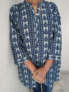 Indigo cotton tunic Blue Cotton Kaftan For Vacation, Cotton Tunic Kurta With Relaxed Fit, Summer Cotton Kurta With Relaxed Fit, Cotton Straight Kurta Kaftan For Summer, Cotton Kaftan Straight Kurta For Summer, Blue Cotton Tunic For Vacation, Relaxed Fit Cotton Tunic Kaftan, Relaxed Fit Cotton Kaftan Tunic, Casual Cotton Block Print Tunic