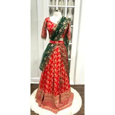 Beautiful orangish red Lehenga / half saree. Available to pickup in SK Green And Maroon Half Saree, Pleated Half Saree, Half Saree Red And Green, Yellow And Red Half Saree, Red Semi-stitched Handloom Pre-draped Saree, Lehenga Half Saree, Hand Work Blouse, Lehenga Gown, Ready To Wear Saree