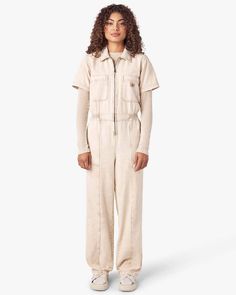 model wearing acid wash stone coveralls with zipper front, short sleeves, patch front pockets and front seam down the legs Coverall Outfit Women, Mechanic Overalls, Work Coveralls, Be Your Best Self, Dickies Women, Work Uniforms, Utility Pockets, Duck Canvas, Shop Clothes