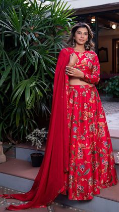 Birds of Paradise Silk Lehenga Set - Red – Ethereal Outfitters Unstitched Wedding Choli With Kalamkari Print, Unstitched Kalamkari Wedding Choli, Bollywood Style Kalamkari Print Sharara For Wedding, Festive Silk Lehenga With Floral Print, Festive Floral Print Silk Lehenga, Kalamkari Print Palazzo Set For Wedding And Navratri, Wedding Palazzo Set With Kalamkari Print For Navratri, Festive Kalamkari Print Palazzo Set, Floral Print Silk Lehenga For Navratri