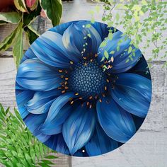 a blue flower sitting on top of a wooden table next to green leaves and flowers