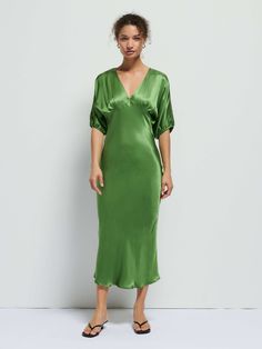 This is that event dress you'll actually wear all the time. V-neckline, bust darts, balloon sleeves, and an invisible back zipper. Cue the compliments. (This one comes in Salon Green.) | Lily-Rose Dress in Salon Green | Ethical Essentials Silk V-neck Dress With Gathered Sleeves, Green V-neck Puff Sleeve Dress With Gathered Sleeves, Elegant Green Puff Sleeve Dress, Elegant Green Balloon Sleeve Dress, Silk V-neck Midi Dress With Gathered Sleeves, Green Silk V-neck Evening Dress, Green V-neck Silk Party Dress, Green Silk V-neck Dress For Party, Silk Midi Dress With Gathered Sleeves And V-neck