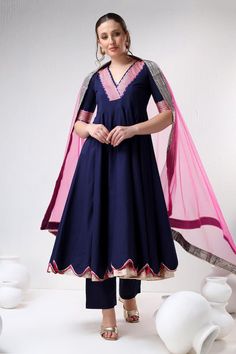 Royal blue cotton silk anarkali with placement gota patti panels on the neckline, cuffs and hem. Paired with a pant and contrast dupatta with gota lace border. - Aza Fashions Lace Anarkali, Contrast Dupatta, Blue Anarkali, Silk Anarkali, Lace Neckline, Anarkali Dress, Designs For Dresses, Lace Border, Casual Style Outfits