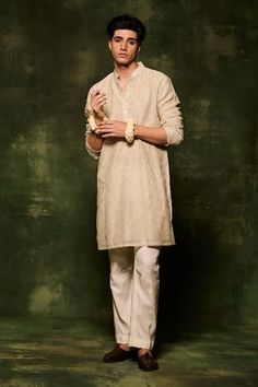 Grey kurta with zari and tikki hand embroidery. Paired with a plain pant. - Aza Fashions Eid Sherwani In Slub Silk, Traditional Slub Silk Sherwani For Transitional Season, Unstitched Slub Silk Sherwani For Transitional Seasons, Transitional Unstitched Slub Silk Sherwani, Designer Slub Silk Sherwani For Festivals, Traditional Festive Sherwani In Slub Silk, Transitional Festive Sherwani In Slub Silk, Transitional Festive Slub Silk Sherwani, Diwali Straight Kurta Sherwani In Slub Silk