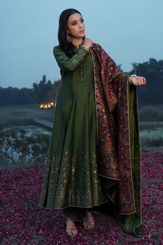 Forest green vegan silk anarkali with floral weaving pattern. Comes with pant and a dupatta. - Aza Fashions Floral Weaving, Silk Anarkali, Weaving Patterns, Pants Pattern, Set For Women, Anarkali, Aza Fashion, Three Quarter, Forest Green