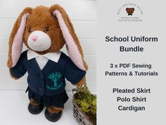 a stuffed rabbit wearing a school uniform and standing next to a potted plant with the text school uniform bundle 3x pdf sewing patterns & tutors