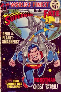 the cover to world's finest doctor fate comic, featuring superman flying through space