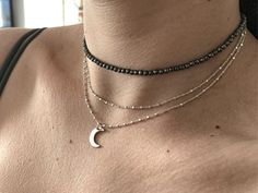 "Enjoy FREE SHIPPING WORLDWIDE+ 10% off all jewelry + Free beautiful gift wrap ❤ Welcome to My Store!❤ A rich silver moon has been set on dainty twinkling silver chains to create this gorgeous enchanting necklace, perfectly suited for layering. Our crescent moon choker necklace set made of 100% Sterling Silver and extremely durable. Sizes: The length of the short-chain: 14.2\" (36 cm) The length of the long-chain: 15.7\" (40 cm) The necklace comes with a 2-inch extension chain for comfortable we Sterling Silver Moon Clavicle Chain, Celestial Silver Half Moon Necklace, Silver Adjustable Moon Shaped Choker, Silver Moon-shaped Clavicle Chain Charm Necklace, Delicate Choker Necklace, Black Moon-shaped Sterling Silver Necklace, Moon Choker Necklace, Moon Choker, Valentine Gifts Jewelry