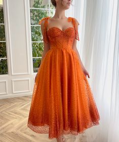 Orange Prom Dress Aesthetic, Graduation Outfit Dress, Orange Gown Dress, Teuta Matoshi Red, Teuta Matoshi Orange Dress, Orange Ball Gown, Teuta Matoshi Red Dress, Orange A-line Evening Dress, Orange Floor-length Prom Gown