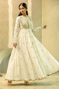 Shop for Ariyana Couture White Chanderi Anarkali Set for Women Online at Aza Fashions Off-white Gota Work Dresses For Eid, Eid Off White Gota Work Dresses, Off White Dress With Gota Work For Eid, Eid Off-white Dresses With Gota Work, White Floor-length Anarkali Set With Resham Embroidery, Off White Anarkali Gown With Dupatta, White Semi-stitched Anarkali Set, White Anarkali Set For Designer Wear During Diwali, Designer White Anarkali Set For Diwali