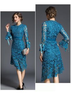 Lace Hollow Out O Neck Long Sleeve Patchwork Velvet Knee-Length Dress - Uniqistic.com Fitted Long Sleeve Midi Dress With Lace Patchwork, Elegant Patchwork Midi Dress For Work, Elegant Workwear Midi Dress With Patchwork, Elegant Spring Midi Dress With Patchwork, Fitted Long Sleeve Blue Lace Dress, Fitted Blue Lace Dress With Long Sleeves, Blue Fitted Lace Dress With Long Sleeves, Long Sleeve Midi Dress With Lace Patchwork, Long Sleeve Lace Dress With Patchwork