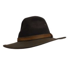 Four season wool felt outback/safari style hat with gently curving brim. Fedora style C-crown and pinched front. Stitched, weathered cotton brim, 3" wide, bound. Leatherette overlay on band with decorative stitching. Triple vent holes with metal ring on both sides. Crushable, packable, water repellent, sun protective. Roll it up, fold it, stuff it in a pocket or pack flat in your suitcase. When you're ready, shake out and wear. Cotton sweatband inside. 100% wool felt. Rugged Hunting Hat With Curved Brim, Country Style Flat Brim Hat For Hunting, Rugged Flat Brim Hunting Hat, Country Style Flat Brim Hunting Hat, Rugged Brown Hunting Hat, Rustic Brown Hunting Hat, Rugged Wide Brim Fedora For Country Events, Rustic Curved Brim Hunting Hat, Adjustable Brown Hats For Hunting