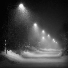 a black and white photo of street lights on a snowy night with snow blowing in the foreground