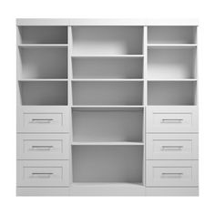 an empty white bookcase with drawers