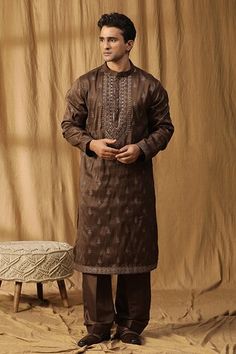 Brown kurta with bead embroidery. Paired with a salwar. - Aza Fashions Traditional Wear With Dabka For Designer Wear, Embroidered Dabka Fabric For Traditional Ceremonies, Festive Dabka Embroidered Fabric For Traditional Ceremonies, Embroidered Straight Kurta For Eid, Traditional Fit Kurta With Intricate Embroidery For Eid, Traditional Fit Kurta With Intricate Embroidery For Diwali, Traditional Fit Traditional Wear With Dabka Work For Diwali, Festival Dabka Embroidered Straight Kurta Fabric, Eid Kurta With Intricate Embroidery Traditional Fit