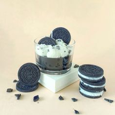 oreo cookies and ice cream in a glass bowl