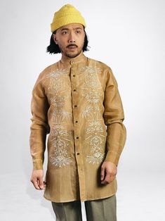 VINTA Gallery | Filipino Deco Jusi Tunic Barong (Camel) Brown Fitted Long Sleeve Kurta, Fitted Linen Kurta For Spring, Spring Linen Fitted Kurta, Fitted Beige Kurta For Spring, Filipiniana Wedding, Modern Filipiniana, Coconut Wood, Wood Buttons, Limited Run