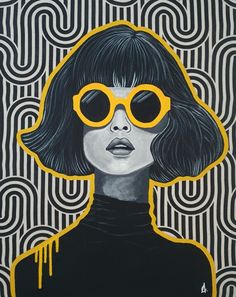 a painting of a woman with yellow glasses on her face and black hair, in front of an abstract background