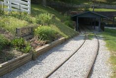 there is a train track going into a tunnel on the side of a hill with grass and flowers