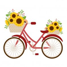 a red bicycle with sunflowers in the basket