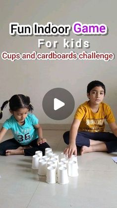 three children sitting on the floor playing with cups and cardboards while text reads fun indoor game for kids