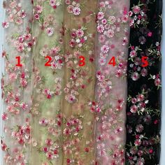 four different types of sheer fabric with flowers on them