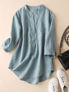 Women's Cotton Linen Shirt Stand Collar Front Pocket Mid Sleeve Ladies Linen Blouse Top Solid Long Sleeve Blouse With Placket, Long Sleeve Solid Summer Blouse, Non-stretch Casual Blouse With Buttons, Casual Non-stretch Blouse With Buttons, Long Sleeve Solid Blouse For Summer, Solid Color Relaxed Fit Blouse For Daywear, Relaxed Fit Solid Color Blouse For Daywear, Casual Collared Plain Blouse, Casual Collared Non-stretch Blouse