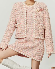 *Jacket and dress are sold separately.

A tweed set for an elegant look.

The pink color makes it even more feminine.

Each item is easy to use individually and can be styled in a variety of ways.
◾️Model
Height/Weight：165cm(64.9in)/44kg(97.0lb)
Fitting Size：M
Jacket





Cm
(inches)

Length
Chest
Shoulder
Sleeve Length


S
48(18.8)
94(37.0)
37(14.5)
55(21.6)


M
49(19.2)
96(37.7)
38(14.9)
56(22.0)


L
50(19.6)
98(38.5)
39(15.3)
57(22.4)




Dress





Cm
(inches)

Length
Chest
Shoulder


S
72( Pink Fitted Long Sleeve Tweed Dress, Winter Pink Tweed Dress, Pink Tweed Dress For Winter, Pink Long Sleeve Tweed Dress For Spring, Chic Pink Tweed Dress, Fitted Pink Tweed Dress, Chic Pink Tweed Dress For Workwear, Chic Pink Tweed Dress For Spring, Pink Tweed Dress For Fall Workwear