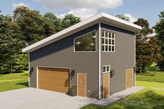 a two story garage with windows on the side