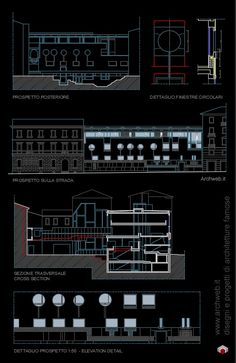 architectural drawings showing different sections of the building