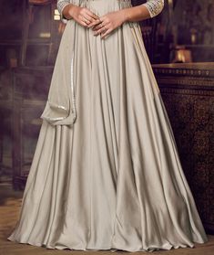 Dusty Gray Designer Embroidered Satin Anarkali Gown-Saira's Boutique Long Anarkali Gown For Formal Occasions, Formal Long Anarkali Gown, Navratri Maxi Gown With Intricate Embroidery, Traditional Full-length Gown With Intricate Embroidery, Full Length Lehenga With Resham Embroidery, Semi-stitched Full Length Lehenga With Resham Embroidery, Semi-stitched Full-length Lehenga With Resham Embroidery, Semi-stitched Gown With Resham Embroidery In Art Silk, Anarkali Embroidered Floor-length Gown