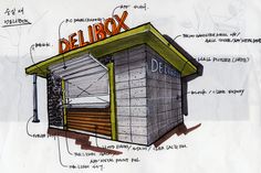 an architectural drawing of a delibox with information about the building and its contents