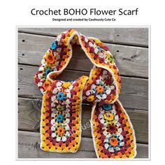 a crochet flower scarf is shown on a wooden surface with the text,'crochet boho flower scarf '