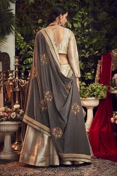 Shop for Ranian Beige Silk Tissue Lehenga Set With Steel Grey Dupatta for Women Online at Aza Fashions Tissue Lehenga, Grey Dupatta, Marriage Clothes, Grey Anarkali, Lengha Blouse Designs, Lehenga Anarkali, Velvet Dupatta, Ridhi Mehra, Zardosi Embroidery