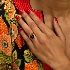 The Story A chic and unusual ring by the Swedish designer Stigbert. Made from 18 karat yellow gold in 1966, the focal point of the ring is a sugarloaf amethyst cabochon in a deep purple color. The tall stone sits up with a sculptural quality. With it's high profile and unique design, this ring is a chic and special piece. It feels amazing on the finger and looks fantastic on its own or worn with other favorite pieces. The Specs Style Number: R3103 Vintage, 1966 18 karat yellow gold Amethyst: sug Formal Dome Ring With Open Ring Gemstone, Formal Fine Jewelry Signet Ring With Cabochon, Purple Elegant Signet Ring For Formal Occasions, Formal Gold Amethyst Ring With Bezel Setting, Formal Yellow Gold Amethyst Ring With Bezel Setting, Formal Cabochon Signet Ring, Elegant Amethyst Signet Ring For Anniversary, Fine Jewelry Open Amethyst Ring For Formal Occasions, Formal Open Signet Ring With Gemstone