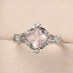 Rose Quartz Engagement Ring Vintage, Pink Square Cut Jewelry For Wedding, Silver Morganite Jewelry For Wedding, Rose Quartz Ring Silver, Dainty Rose Quartz Wedding Jewelry, Dainty Rose Quartz Jewelry For Weddings, Elegant Rose Quartz Wedding Jewelry, Delicate Rose Quartz Wedding Jewelry, Delicate Rose Quartz Jewelry For Wedding